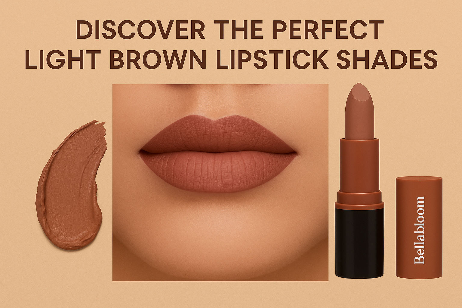 Matte light brown lipstick on model's lips with swatch and Bellabloom lipstick tube on beige background