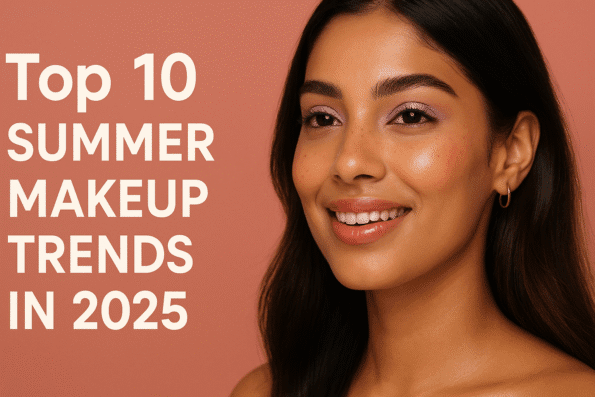 Young Indian woman showcasing the top 2025 summer makeup trends with dewy skin, glossy lips, and pastel eyeshadow on a vibrant coral background.