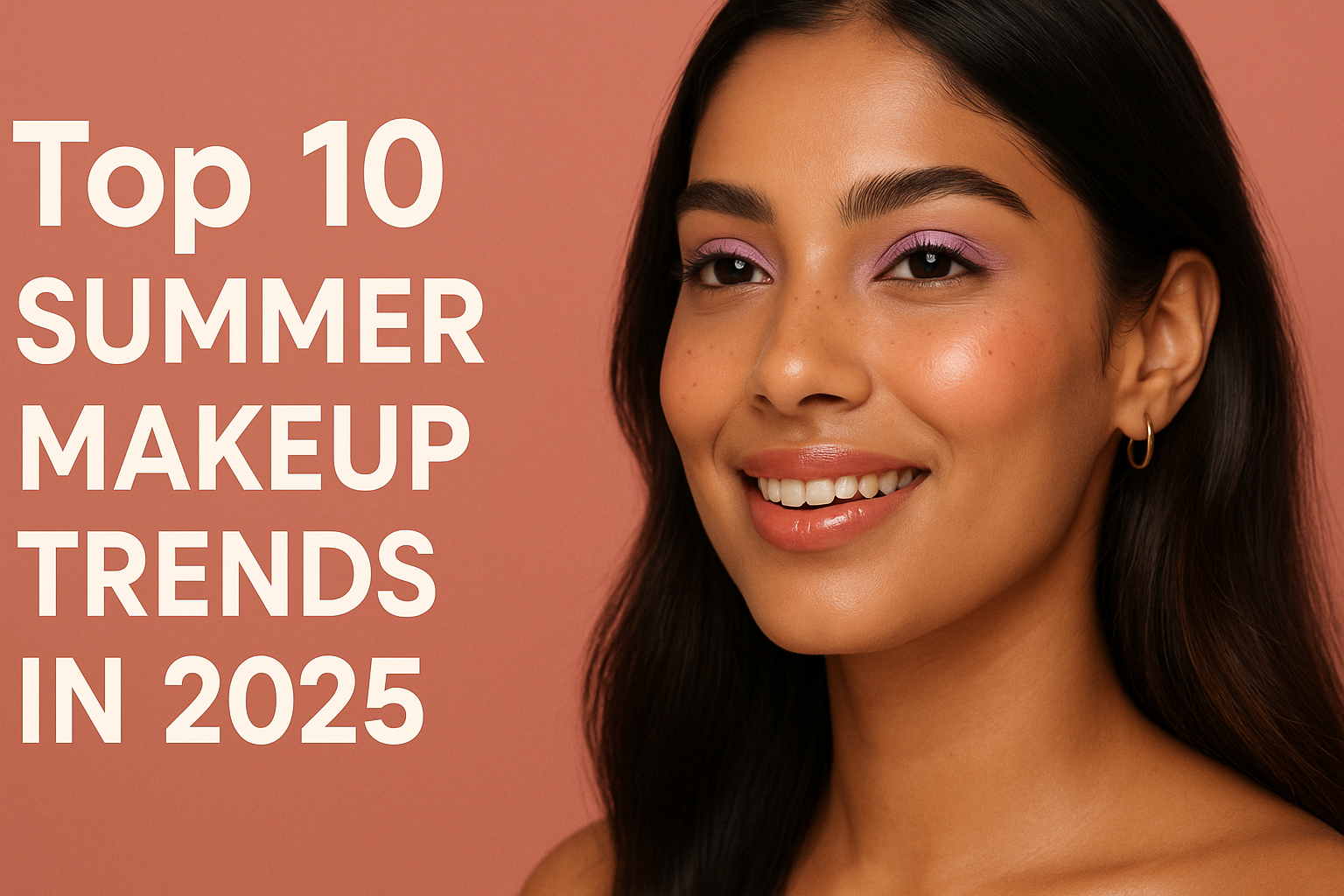 Young Indian woman showcasing the top 2025 summer makeup trends with dewy skin, glossy lips, and pastel eyeshadow on a vibrant coral background.