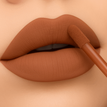 nude brown matte lipstick on lips - LABLO Mocha shade